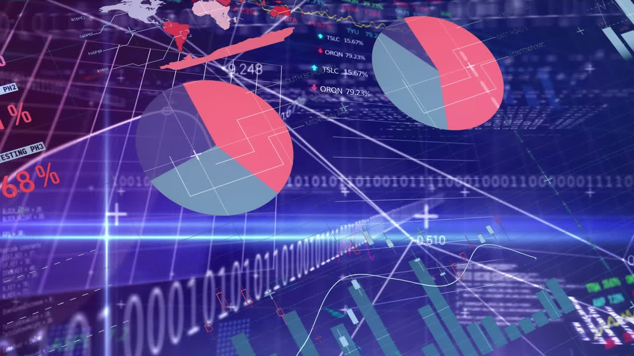 Animation of statistical, stock market data processing and blue light trails against blue background