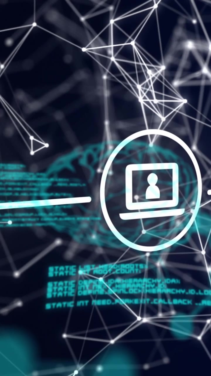 Animation of connected digital communication media icons with network and data processing on black