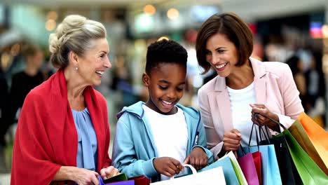 three women and a child are shopping in a mall