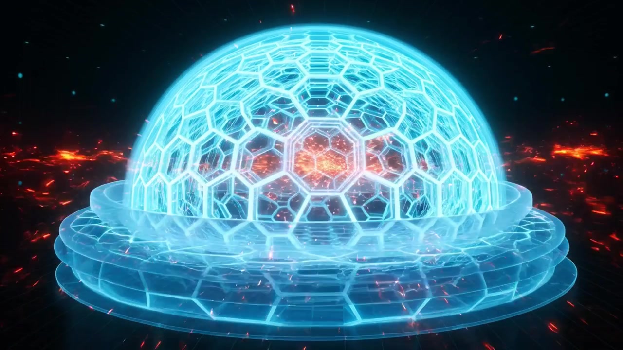 Futuristic Blue Hexagonal Force Field Deflecting Digital Attacks