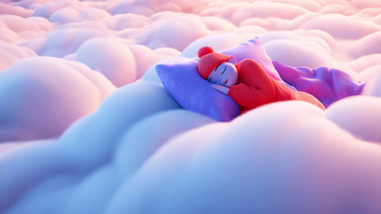 A Dreamy Scene of a Figure Peacefully Sleeping on Soft, Fluffy Clouds While Wrapped in Cozy Blankets, Set Against a Serene, Pastel Sky During a Tranquil Moment of Rest