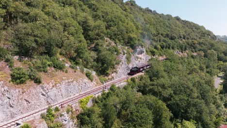 steam train with travelling mechanism on the railway, martel, lot, france