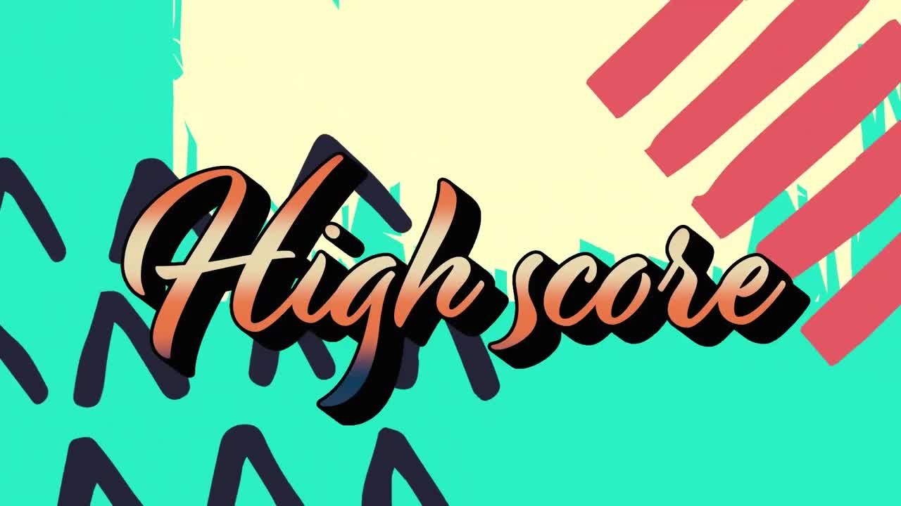 Animation of high score text over colorful graphics and shapes