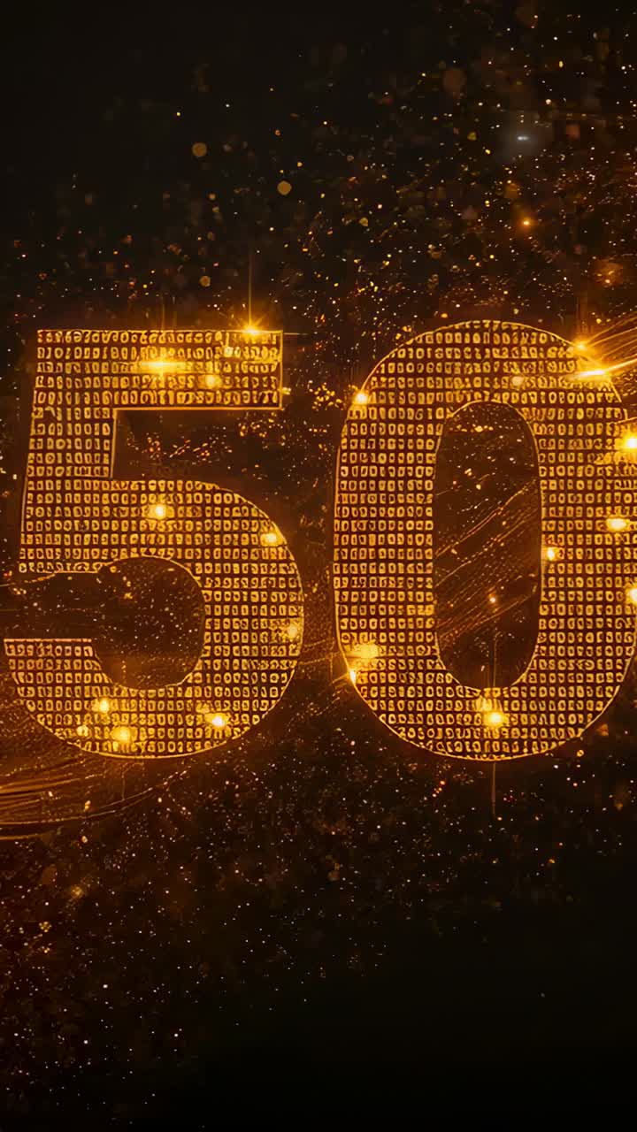 Video verticale: zoom lento della fotocamera che rivela il numero 50 in uno studio buio con griglia e particelle, per festeggiare