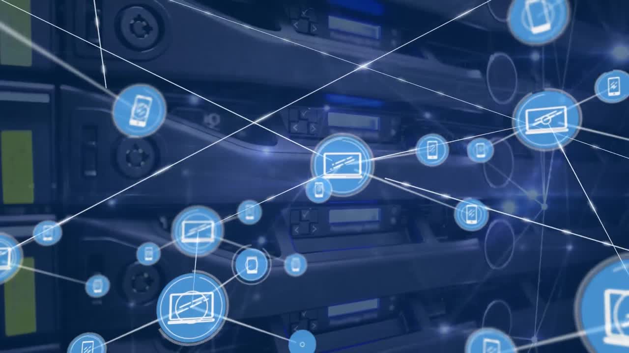 컴퓨터 서버의 클로즈업에 대한 연결 네트워크와 디지털 아이콘의 애니메이션