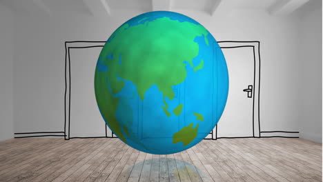 globe turning with cartoon door 4k
