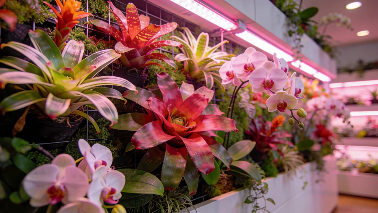 Panorerende kamera i nærbilde, med fokusskifte som viser bromelia og orkideer i en butikk under rosa LED-lys