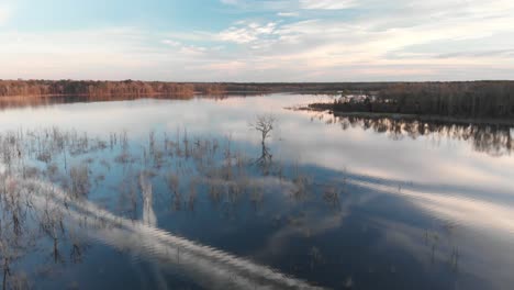 slowly flying over a blue lake reflecting the sunset sky overhead, approaching flying over a lonely bare tree rising up out of the water with branches like antlers