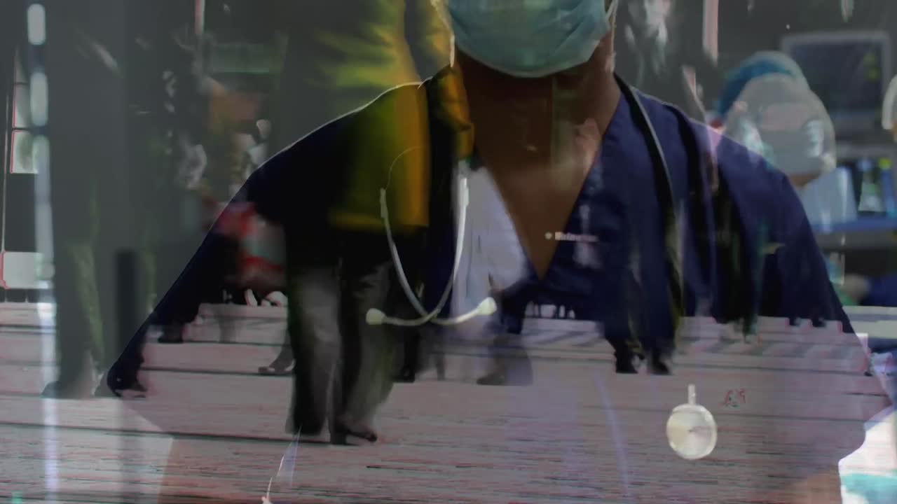 수술 중에 다양한 외과 의사를  ⁇ 고 있는 사람들의 애니메이션