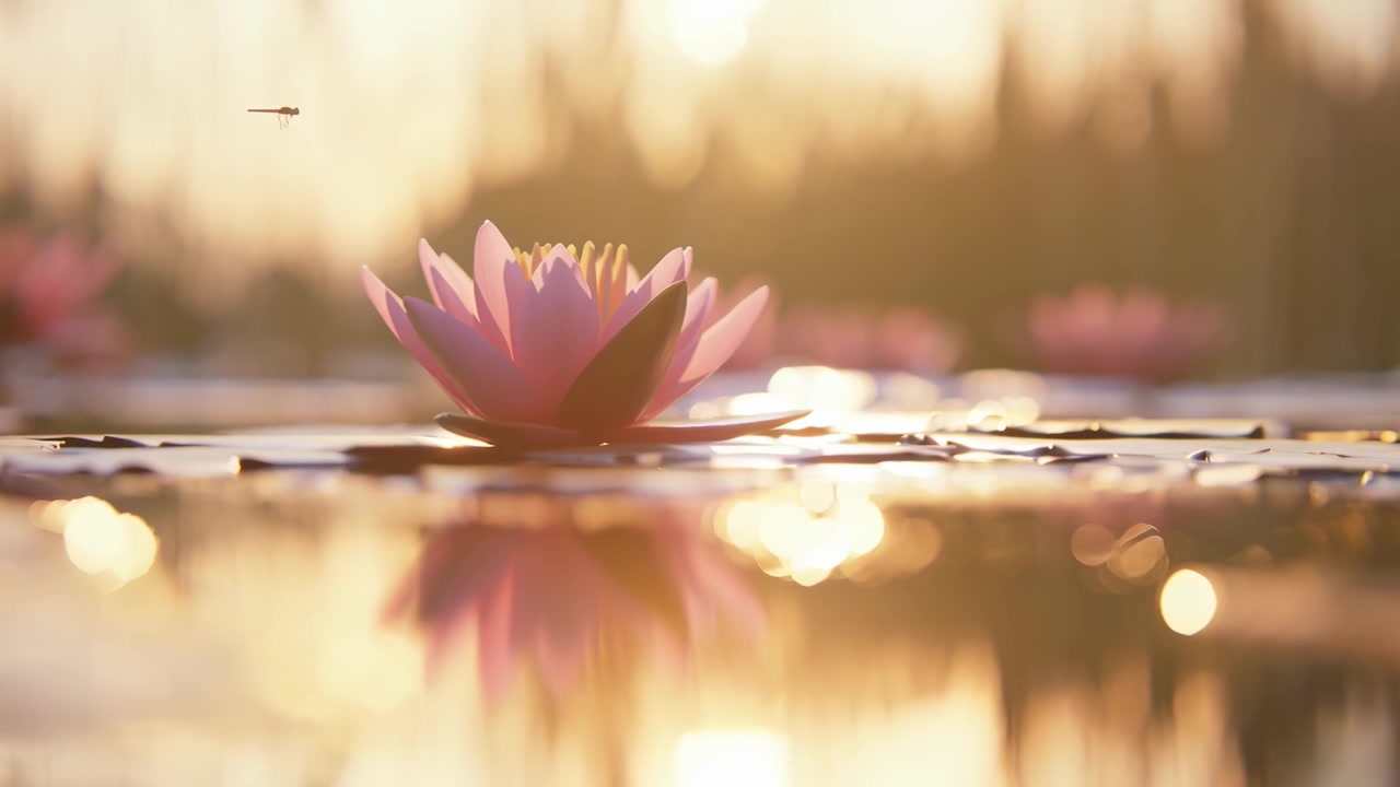 Nærbillede af lyserød lotusblomst på vand med guldsmed ved solnedgang