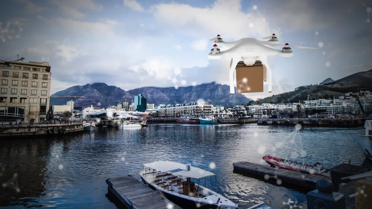 분자의 애니메이션과 도크 위의 디지털 드론