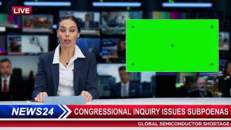 split screen tv news live report: anchor talks, reporting. reportage montage with picture in picture green screen. side by side chroma key display. television program channel playback. luma matte