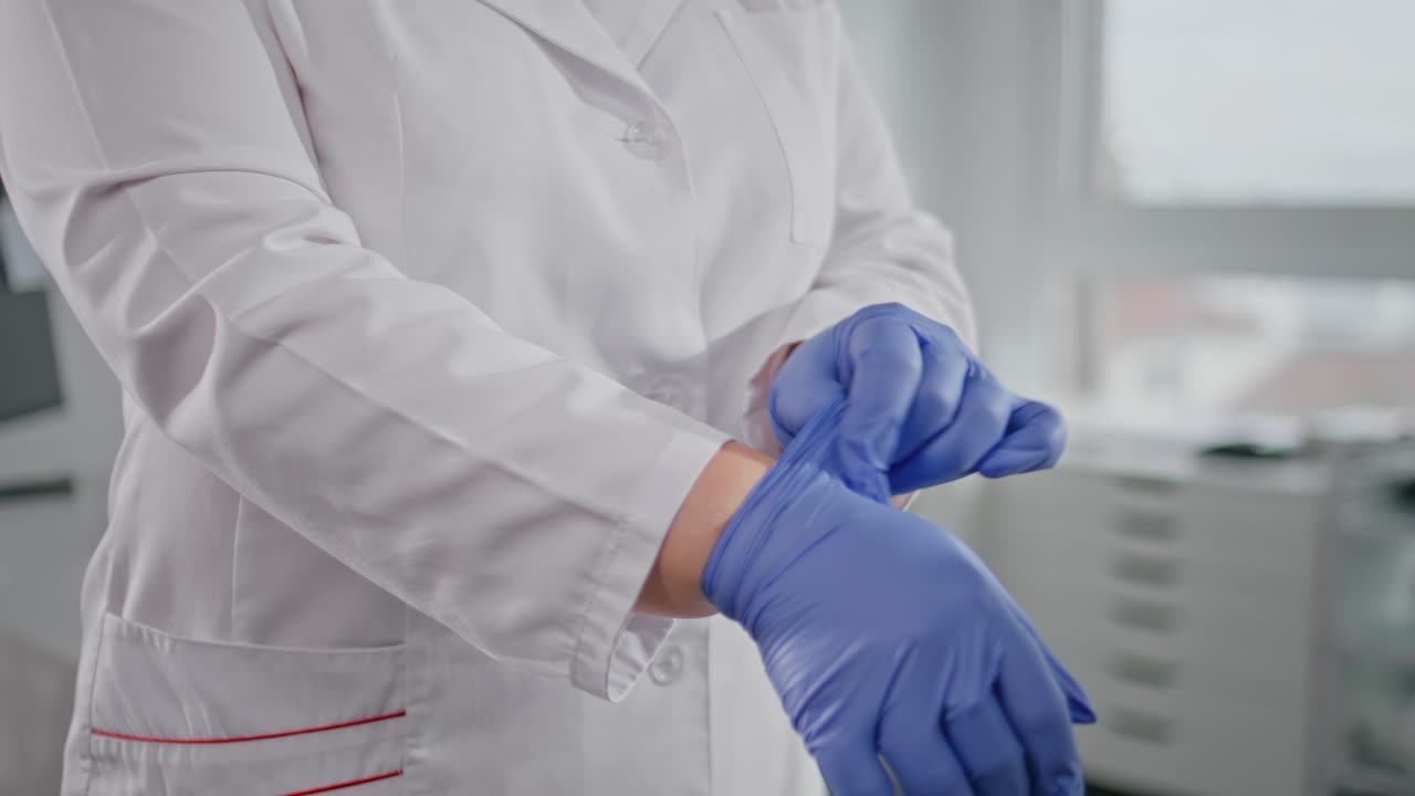 Doctor hands wearing gloves for patient examination closeup. Unknown physician
