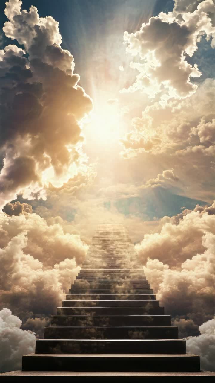 A surreal video concept showing a staircase ascending into a bright, cloudy sky