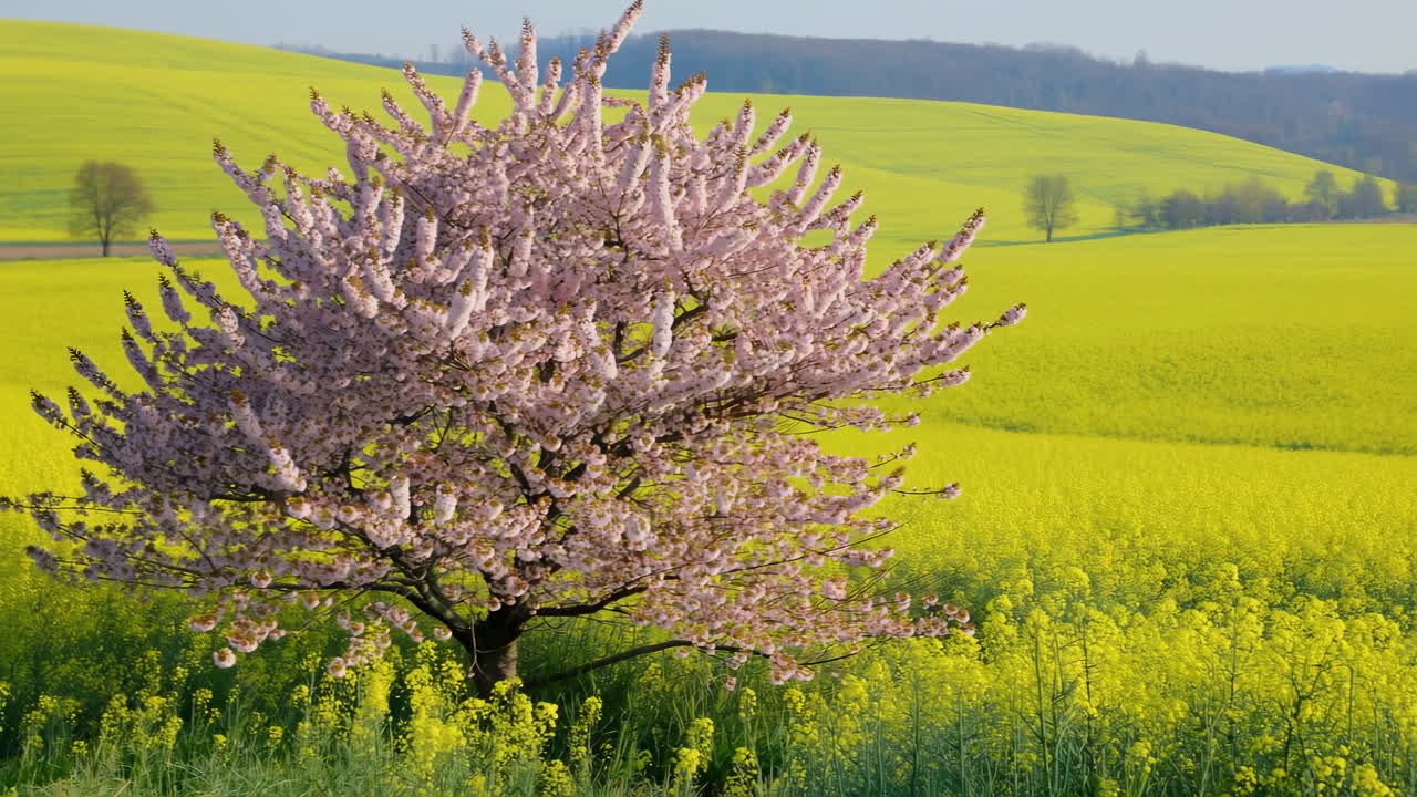 Albero di ciliegio in piena fioritura che si affaccia su campi di colza di un giallo vivace