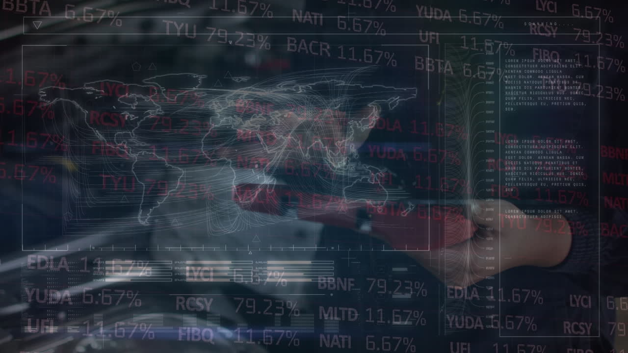 animación de procesamiento de datos con mapa del mundo sobre mujer de negocios biracial usando tableta