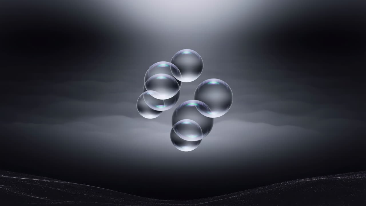 Transparent Bubbles with Iridescent Reflections on a Dark Abstract Background