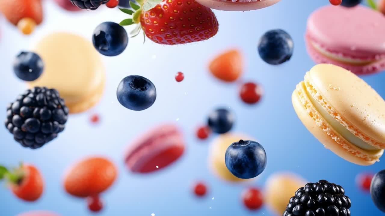Berries atop colorful macarons. Assorted macarons and vibrant berries float against a bright blue background, creating a lively and sweet composition.