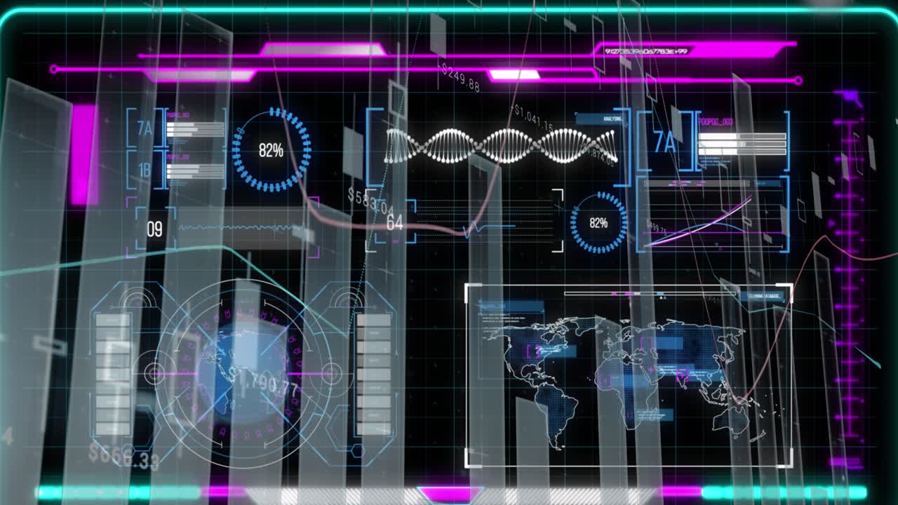 Animation of graphical infographic interface with data scanning and bar graphs moving in loop