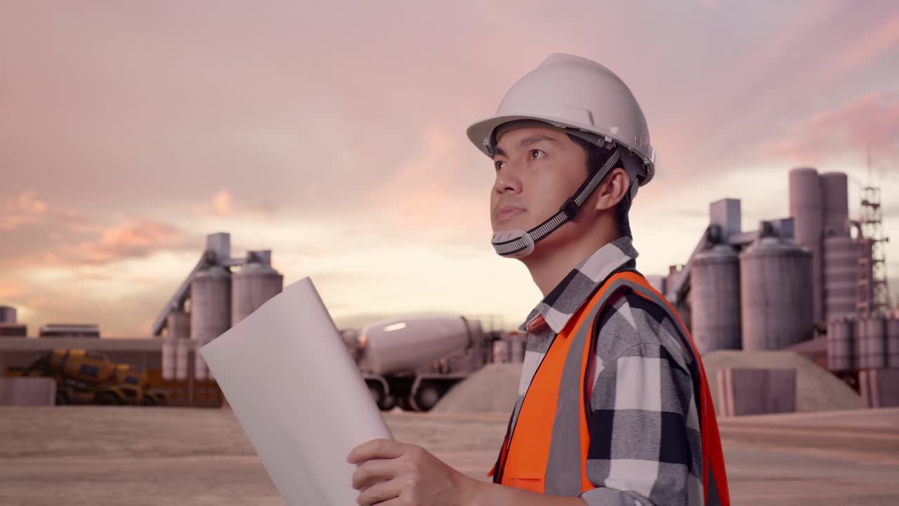 Side View of Asian Male Engineer Looking At Blueprint In His Hands While Walking at Industrial Cement Plant with Sunset