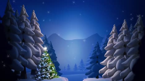 Animation-of-snow-falling-over-christmas-tree-and-winter-landscape