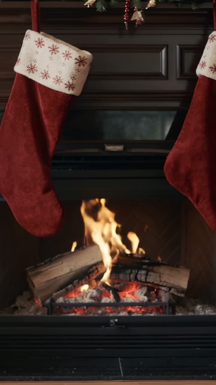 Vertical video: Flickering low flame initiating fire growing beneath mantel with stockings