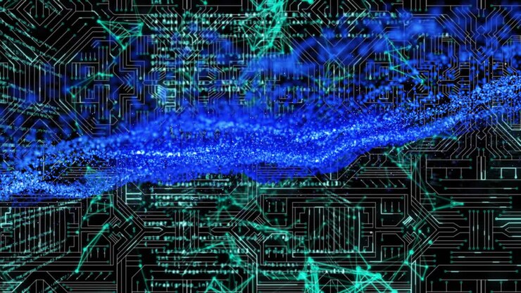 Animation of blue mesh, network of connections, data processing over computer circuit board