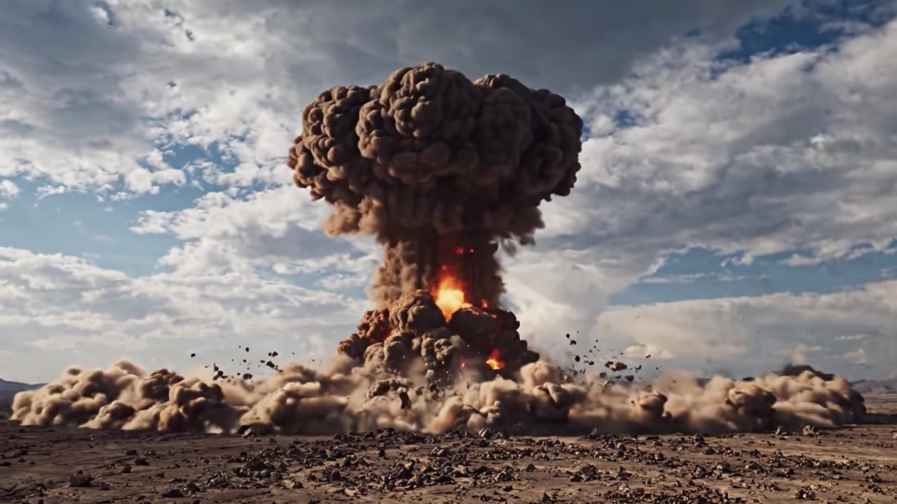 A Massive Explosion Creates a Towering Mushroom Cloud, Transforming the Landscape and Filling the Sky with Smoke and Debris in a Stunning Display of Forces