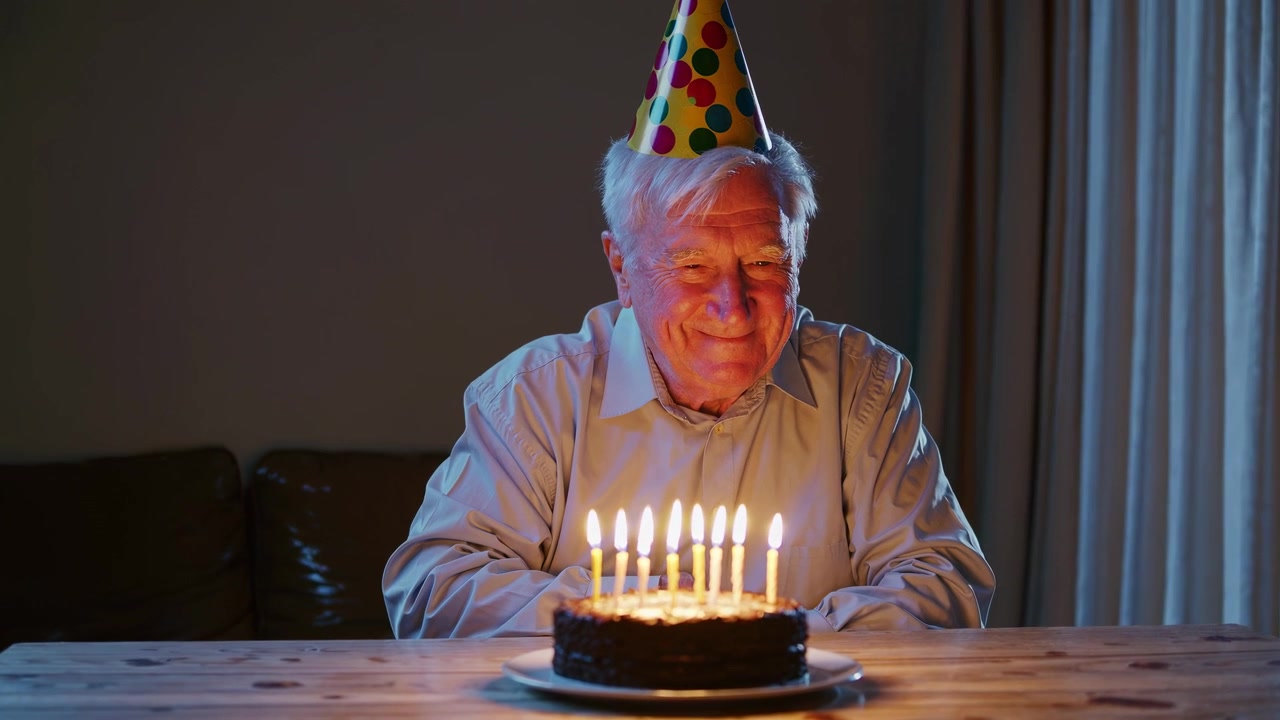 Anziano felice con un cappello da festa guarda una torta di compleanno con candele accese