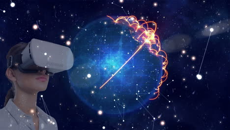 usando auriculares vr, mujer explorando el espacio virtual con la tierra animada y las constelaciones