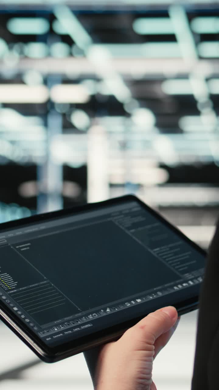 Vertikal video: Bruk av kodeapplikasjon, nettbrett og programmerer i datasenter.