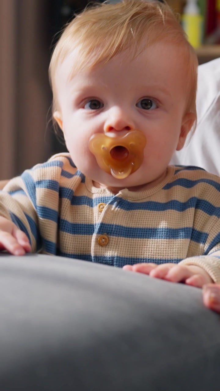 Cute Baby Boy With Pacifier Sitting on Sofa at Home
