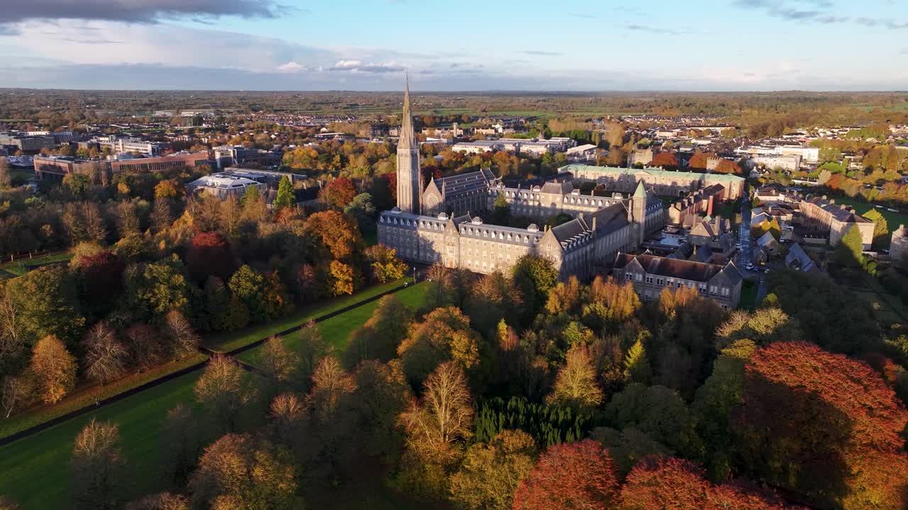 St. Patrick's College and Maynooth University Park, Ireland. Drone aerial panoramic. Autumn