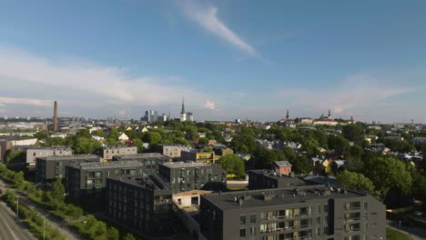 vista aérea frente a los edificios de oficinas con el horizonte de tallinn en el fondo, estonia