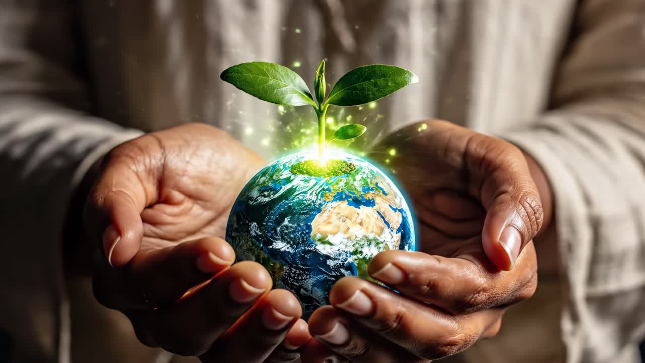 Hands holding Earth with a growing sprout, symbolizing environmental conservation and sustainability