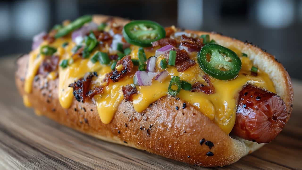 Delizioso hot dog gourmet condito con formaggio Cheddar, pancetta croccante, jalapenos a fette e cipollotti freschi, servito su un panino tostato.