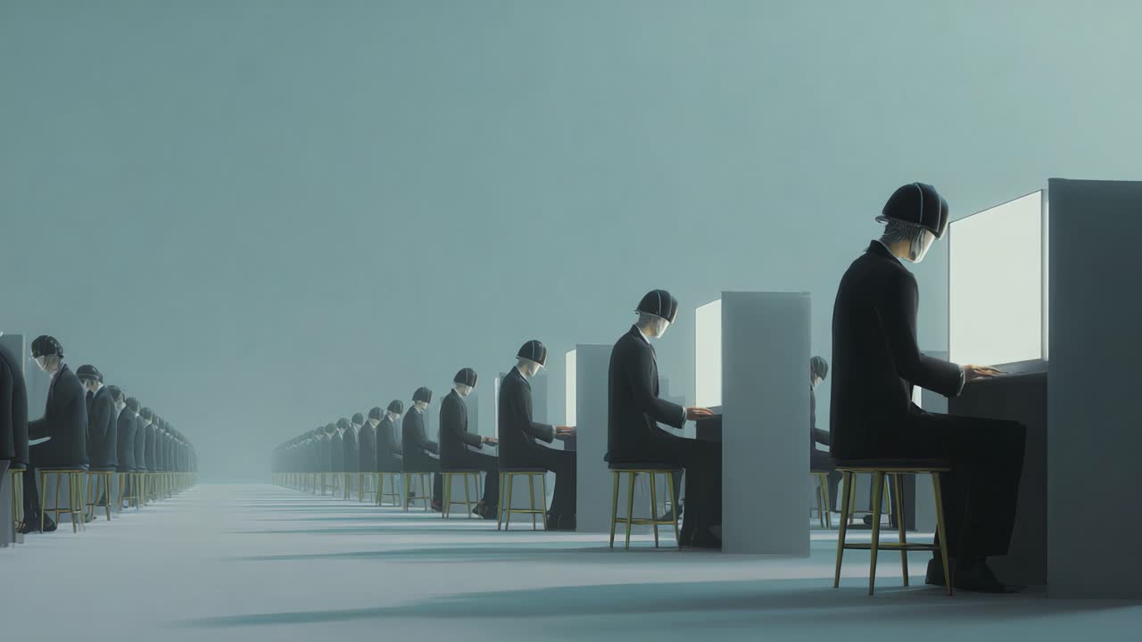 A Dystopian Scene of Identical Figures Engaged in Silent Work at Desks, Highlighting Themes of Uniformity, Isolation, and Modern Existence in a Minimalistic Environment