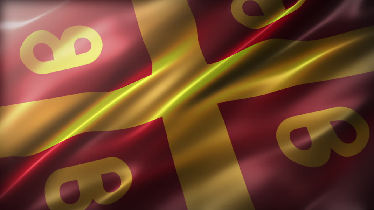 bandera imperial bizantina, vista en perspectiva, ángulo alto, brillante, elegante textura sedosa, ondeando en el viento, aspecto de película, animación realista de 4k cg, movimiento lento revoloteando, sin problemas de bucle