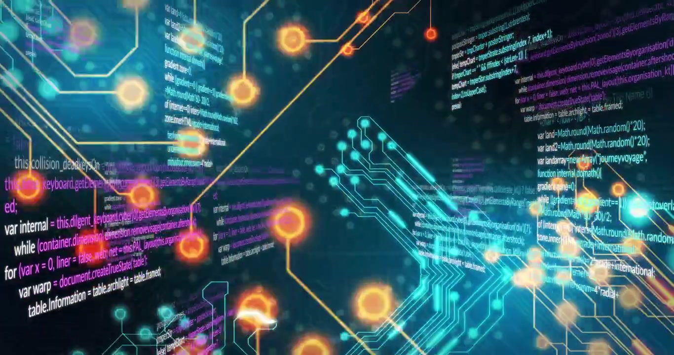 Camera moving forward, luminous circuit network pulsing and revealing floating code for tech demo