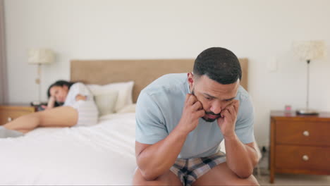 stress, fight and divorce with couple in bedroom