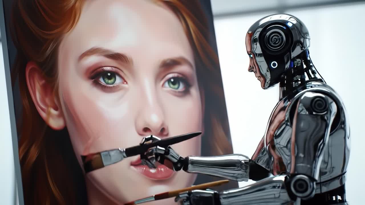 In a cutting-edge studio, a humanoid robot skillfully paints a detailed portrait of a woman, showcasing its advanced artistic abilities and precision with every brushstroke.