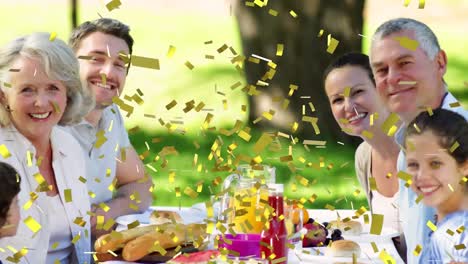 animation of confetti falling over happy family at birthday party