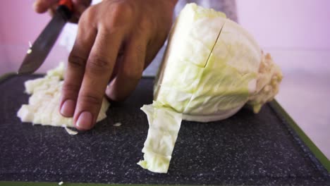 joven cortando repollo para ensalada