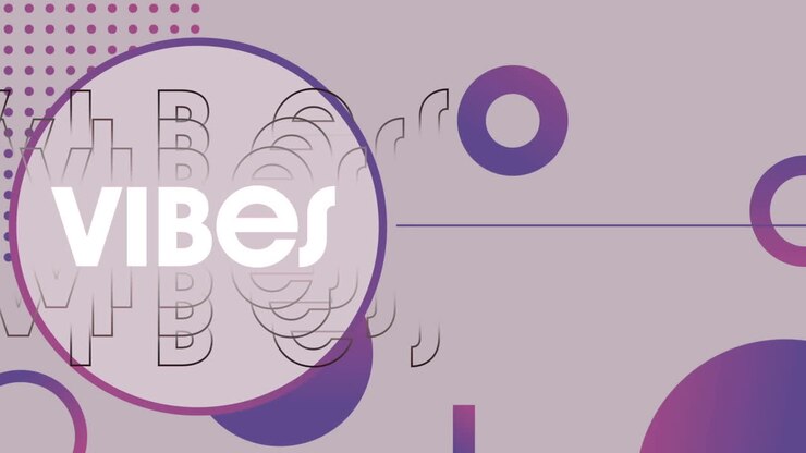 Animation of vibes text in white letters over purple geometrical shapes