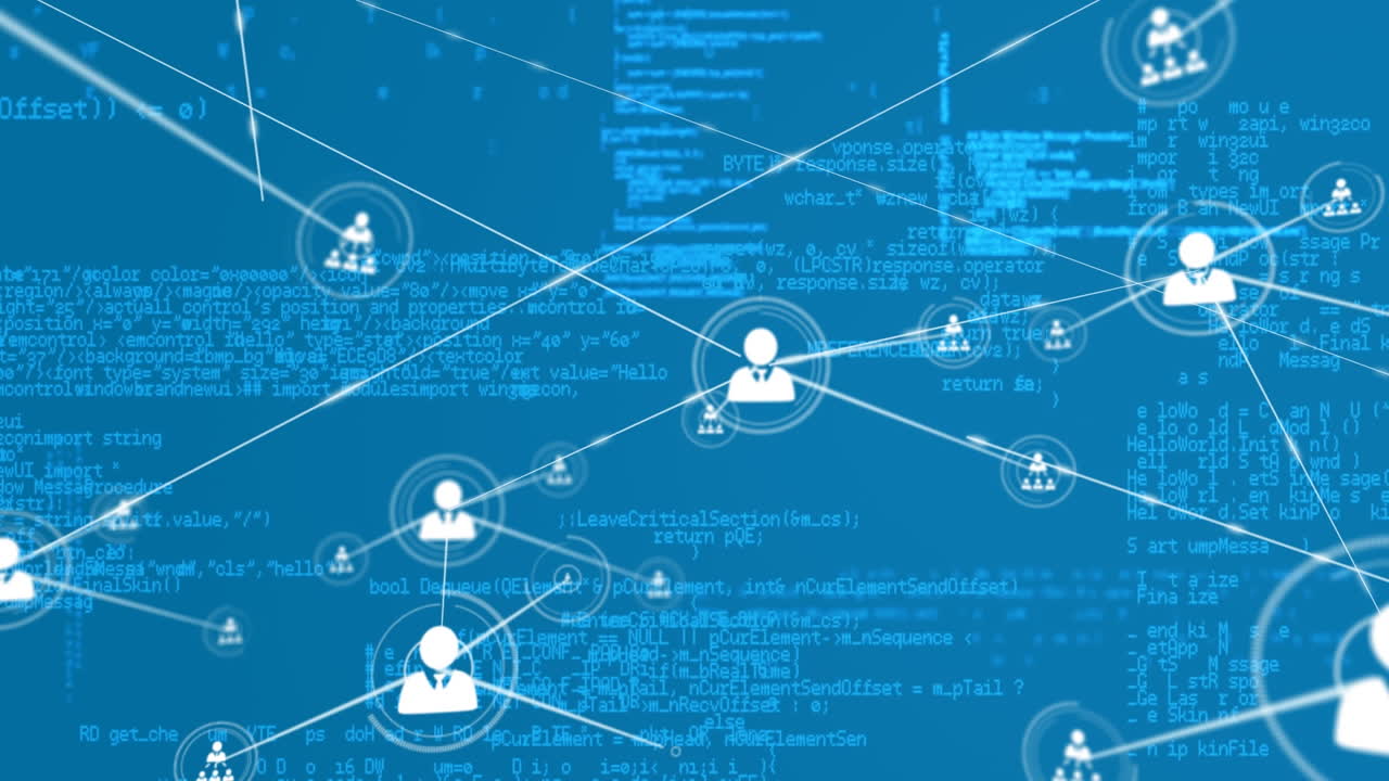 블루 매트릭스는 온라인 기술 네트워크를 보여주는 디지털 애니메이션입니다.