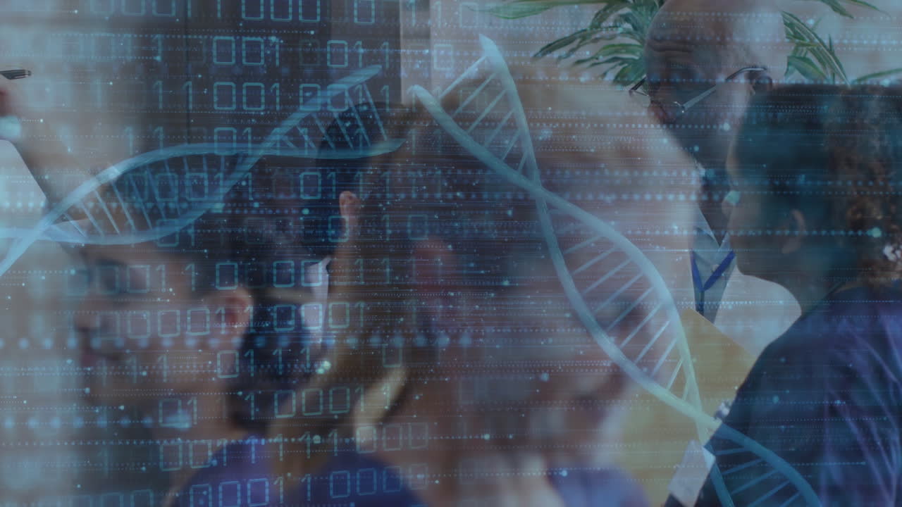 Animation of data processing and dna strands over diverse doctors working in hospital