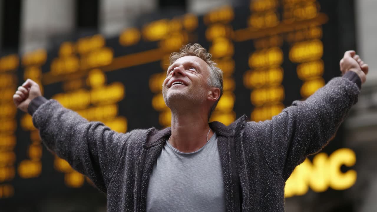 Ecstatic Individual Celebrates Success with Triumph and Joy in Front of Stock Ticker Amidst Financial Market Vibrancy