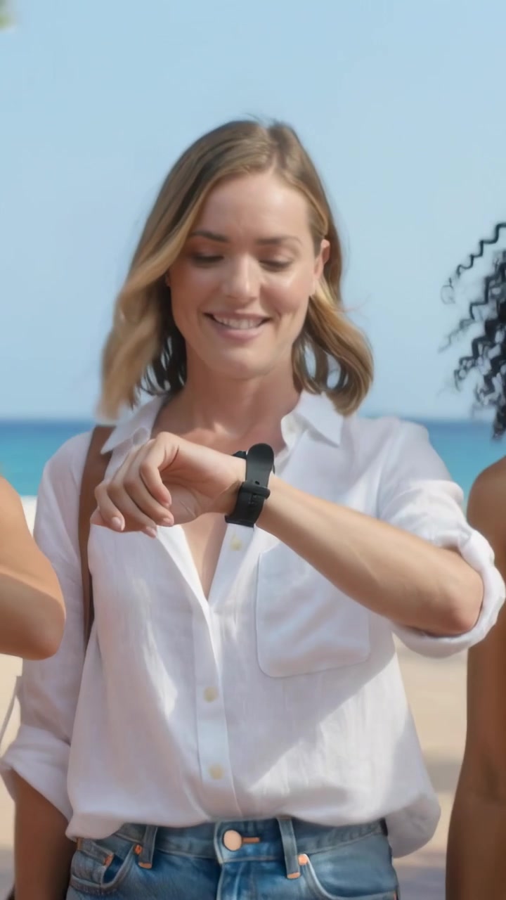 Vertical video: Smiling raising left arm woman in white shirt checking black smartwatch at seafront