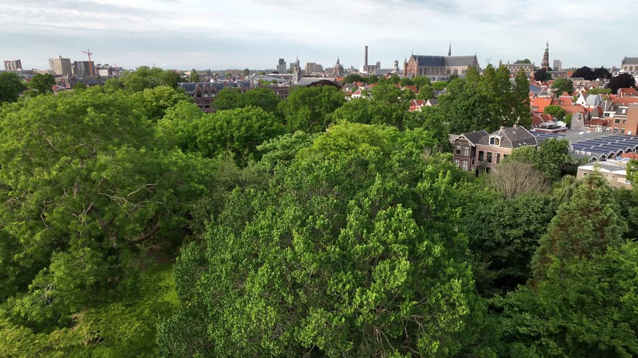Aerial ascending view rising over the trees with the Leiden Observatory and city of Leiden in the background, Netherlands