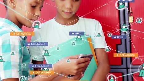 Animation-of-social-media-icons-and-network-of-connections-over-biracial-boys-using-smartphone